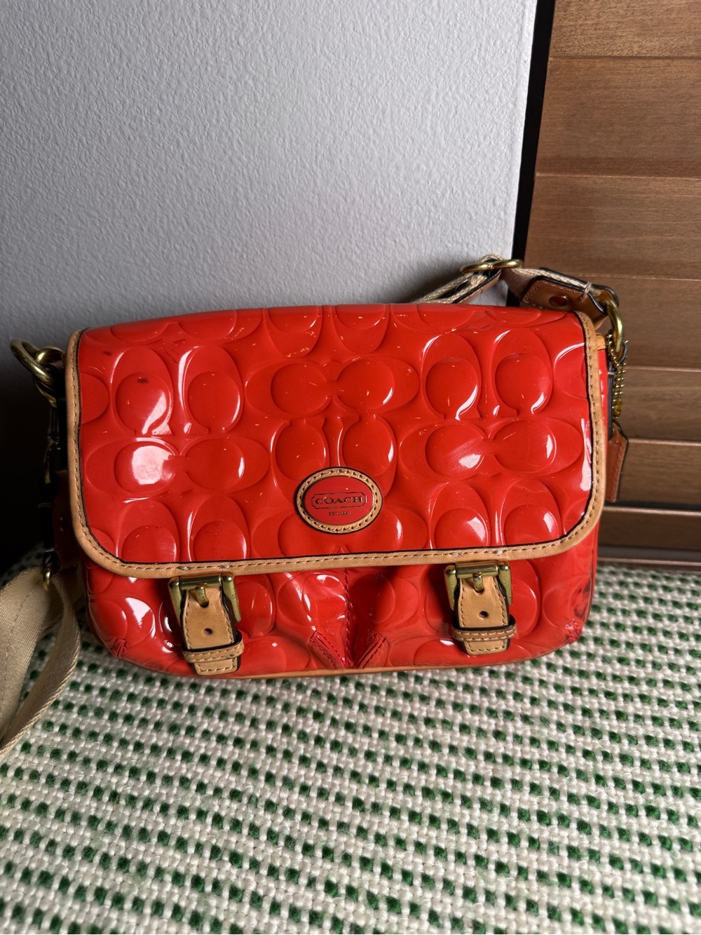 Coach OrangePatent Crossbody Bag with Signature Embossing